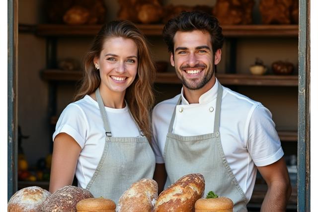 Élise Dubois et Antoine Leclerc, jeunes fondateurs de Jardin Gourmand, souriants dans leur premier petit atelier.