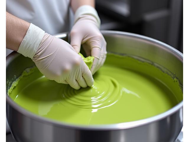 Un pâtissier, en tenue de chef professionnelle et aux mains gantées, réalise une ganache à la pistache dans un grand bol en acier inoxydable, la texture de la crème étant lisse et brillante. L'ambiance est celle d'un laboratoire de pâtisserie moderne.