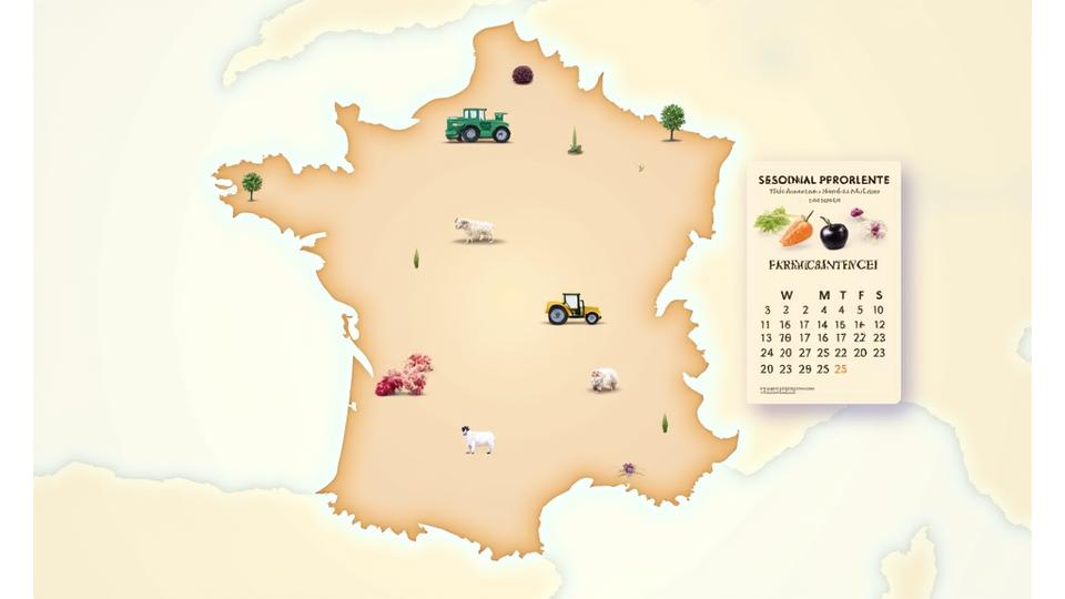 Carte interactive stylisée de l'Île-de-France montrant les emplacements de nombreux petits producteurs agricoles, avec des icônes représentant différents types de récoltes. Un calendrier saisonnier est superposé, indiquant les produits disponibles chaque mois.