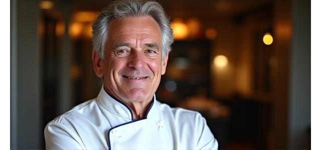 Portrait du Chef Jean-Pierre Dubois, souriant dans une cuisine professionnelle.