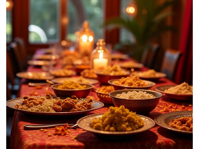 Table magnifiquement décorée pour un dîner indien, avec des épices, des saris colorés et des lanternes chaudes